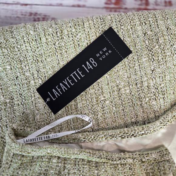 Lafayette 148 Tweed Midi Skirt 10 Cream Light Green Slit Career Quiet Money NWT - Picture 8 of 15